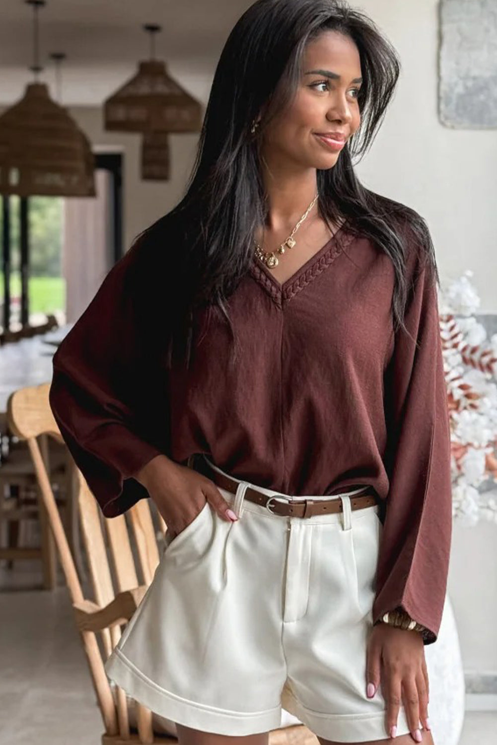 Red Sandalwood Braided Trim V Neck Oversize Top Drawstring Pants Loose 2pcs Outfit