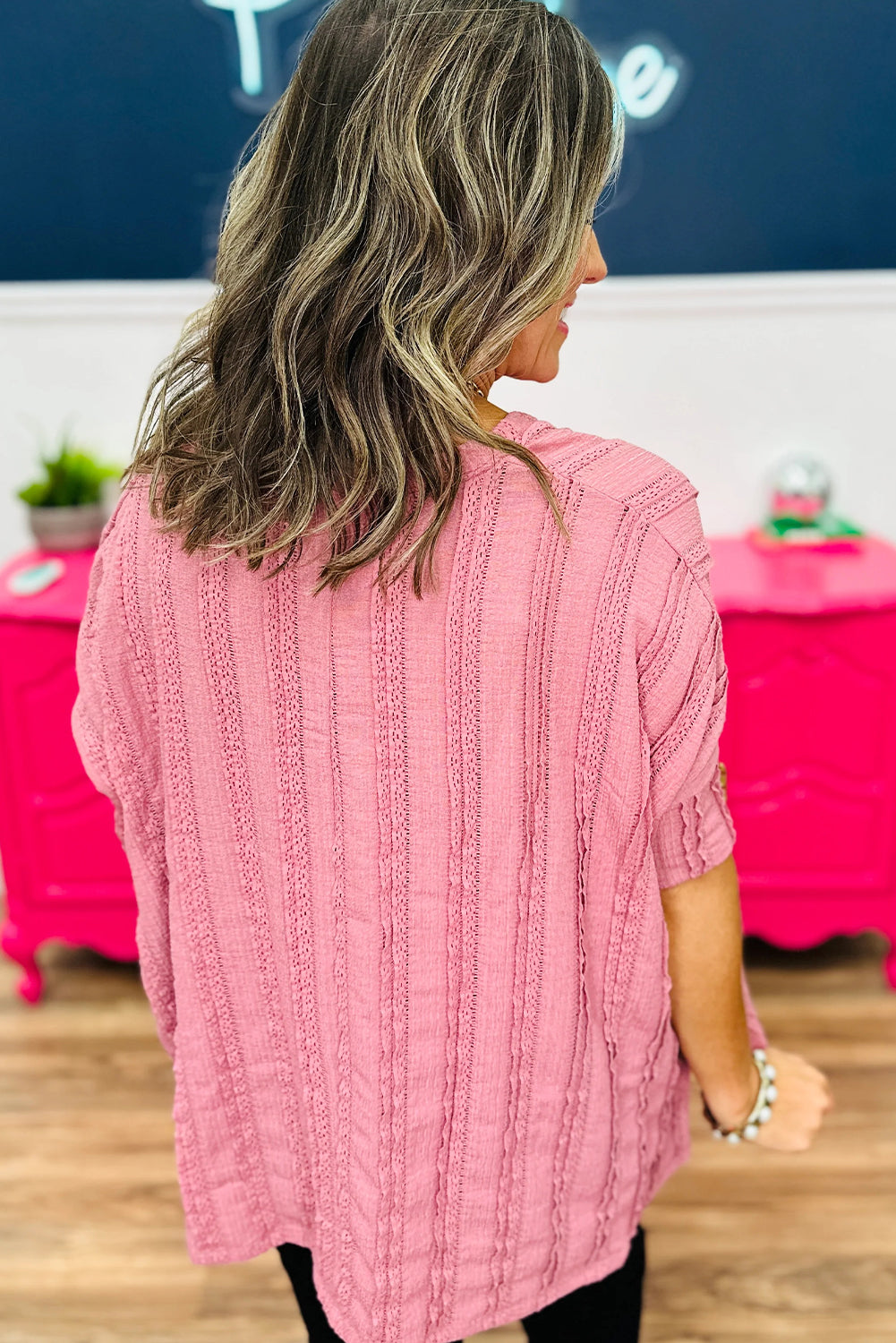 Peach Blossom Lacy Striped Texture 3/4 Sleeve Dolman Blouse