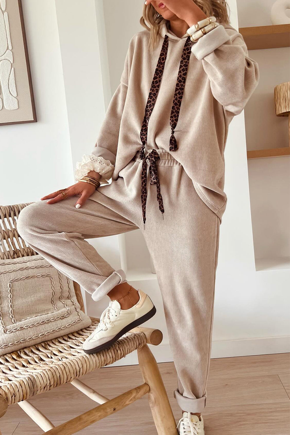 Parchment Lace/Leopard Drawstring Pullover Hoodie and High Waist Pants Corduroy Suit