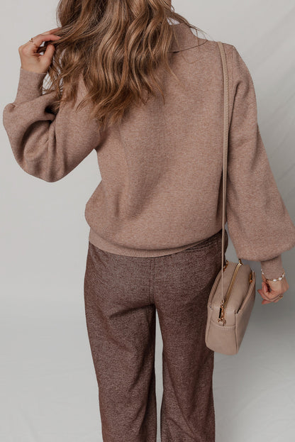 Old Rose Flap Chest Pocket Full Zipper Bubble Sleeve Collared Short Cardigan