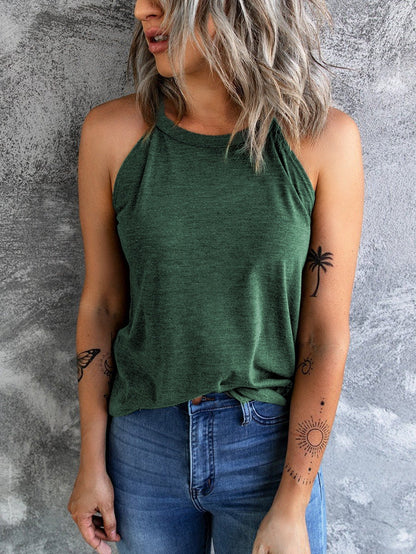 Green Sleeveless Solid Color Round Neck Tank Top