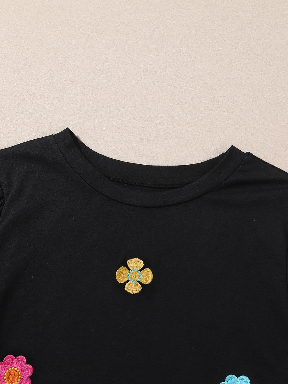 Elegant Black Floral Embroidered Blouse with Puff Sleeves