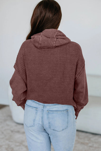 Wild Ginger Solid Color Mineral Wash Contrast Textured Patchwork Kangaroo Pocket Hoodie