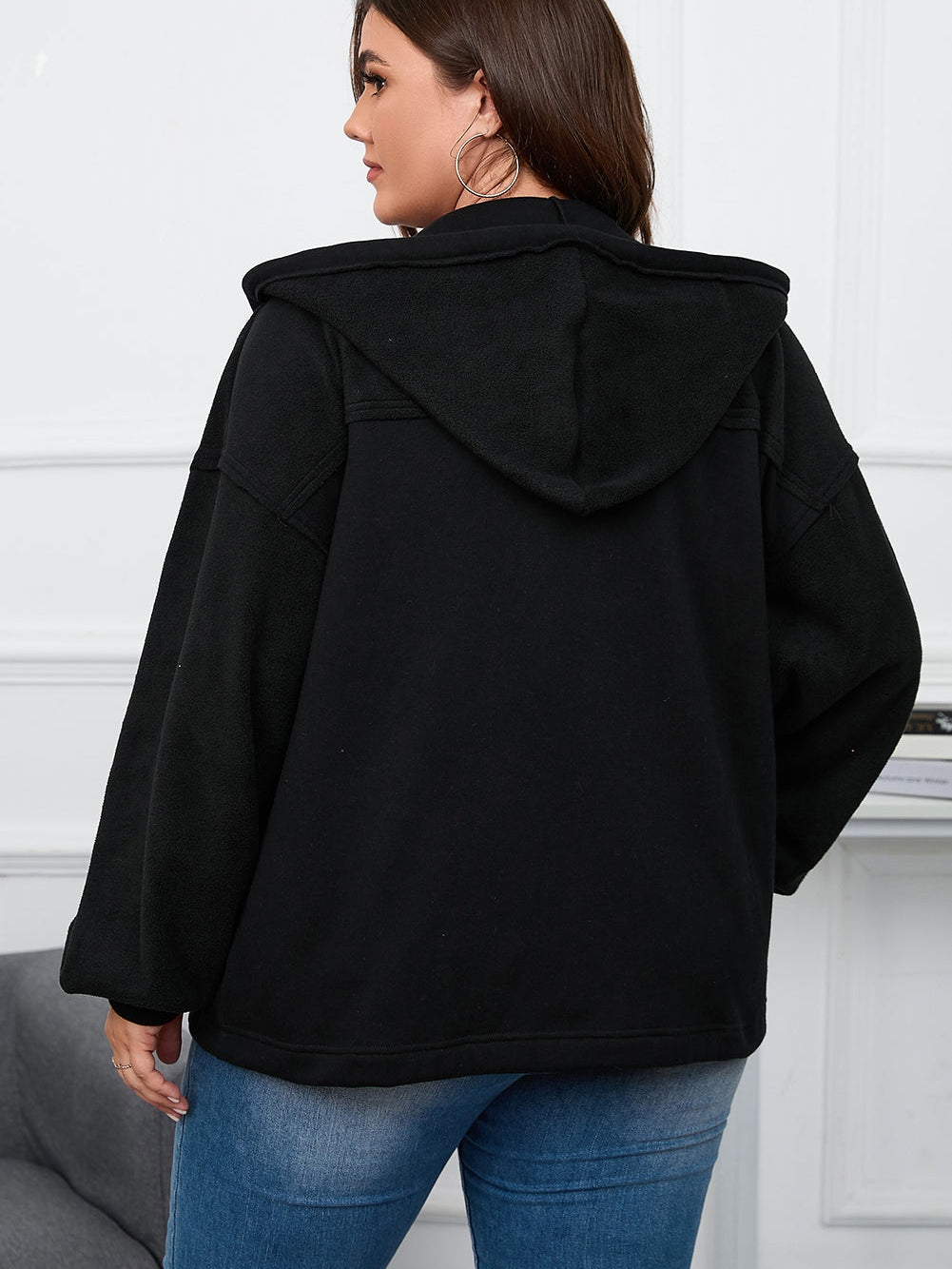Black Plus Size Bishop Sleeve Zip Up Hooded Jacket