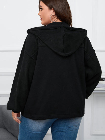 Black Plus Size Bishop Sleeve Zip Up Hooded Jacket