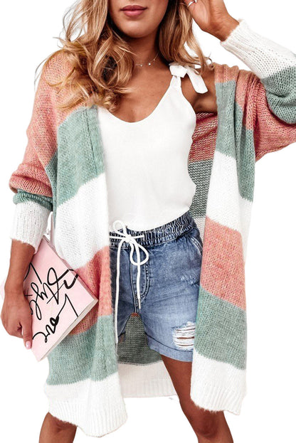 Green Striped Colorblock Open-Front Cardigan