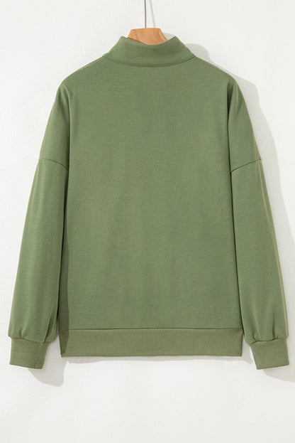 Vineyard Green Contrast Striped Patchwork Zip Collar Pullover Sweatshirt