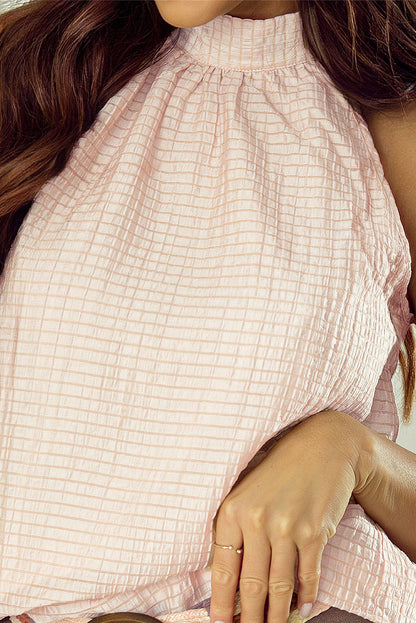 Apricot Textured Halter Neck Button Up Sleeveless Top with Keyhole Back