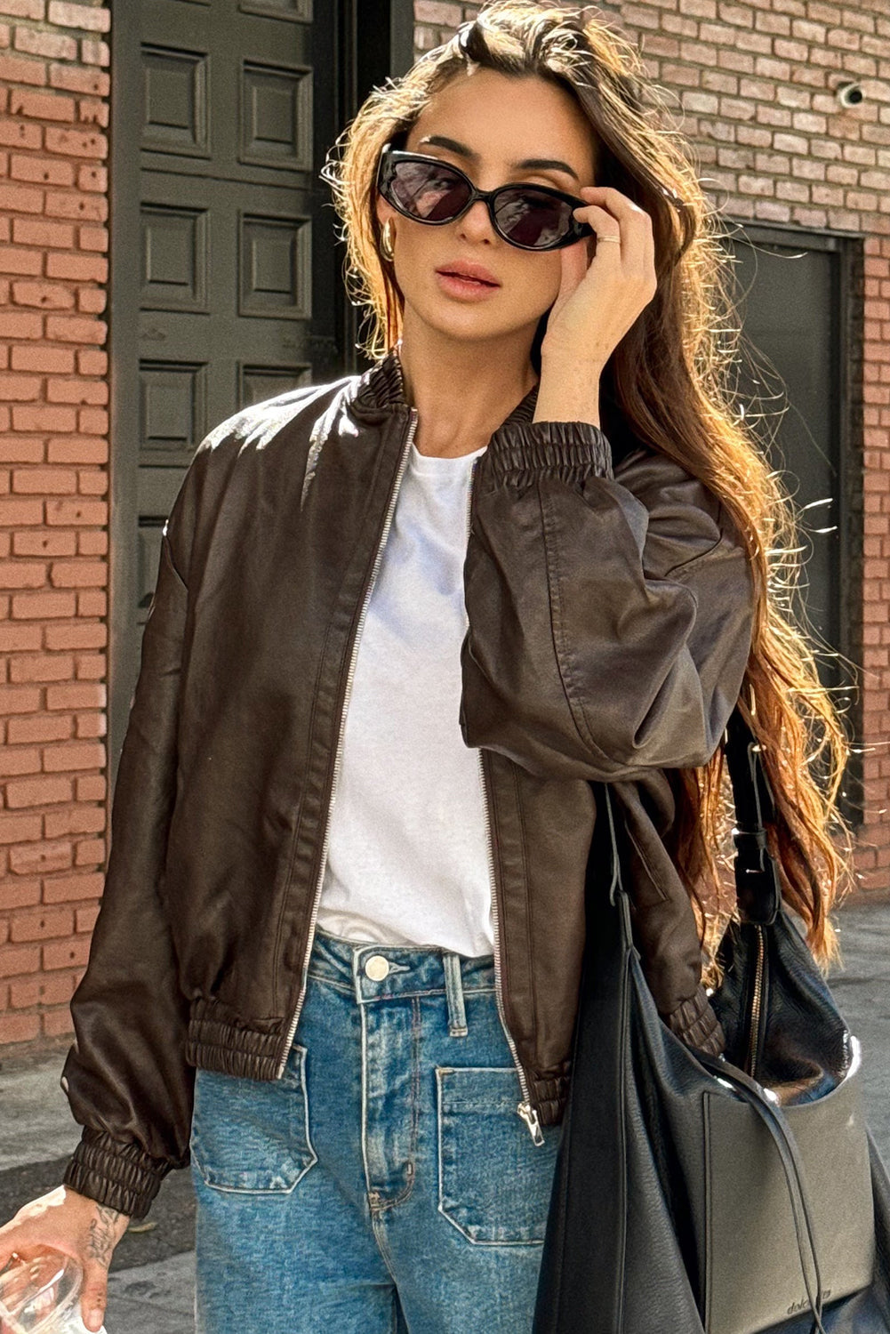 Dark Brown Elastic Banded Faux Leather Bomber Jacket
