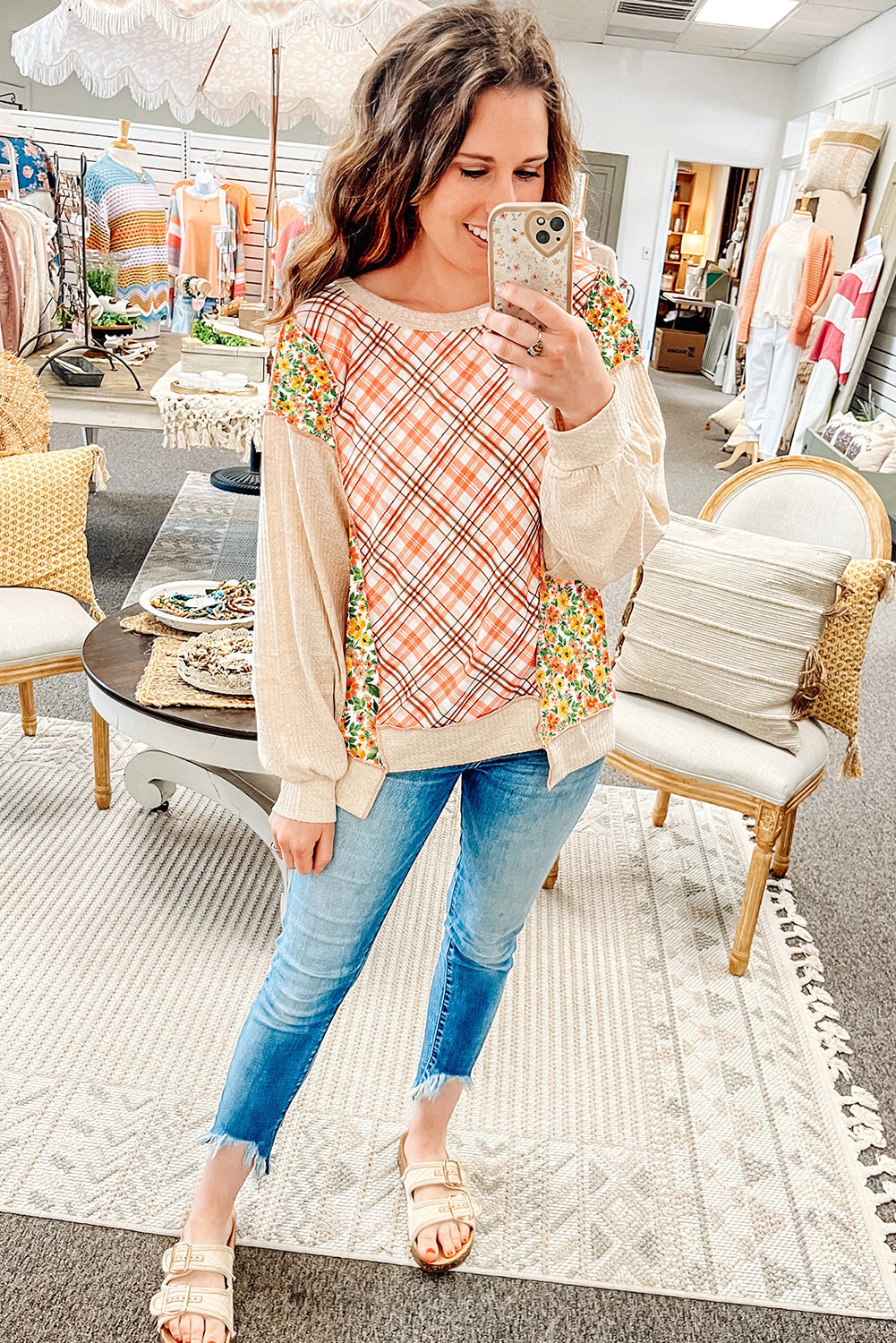 Beige Plaid Floral Mixed Pattern Patchwork Uneven Hem Textured Knit Top