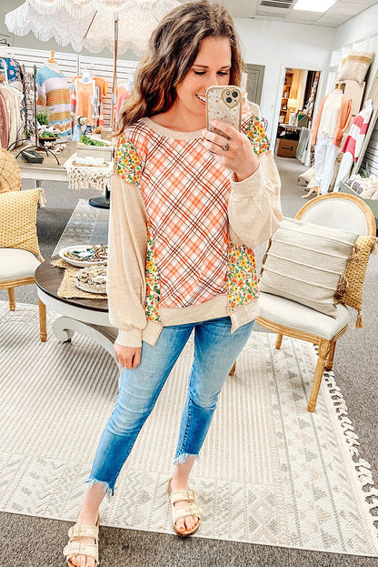 Beige Plaid Floral Mixed Pattern Patchwork Uneven Hem Textured Knit Top