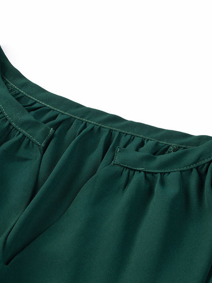 Green Split V-Neck Pleated Flutter Sleeve Blouse