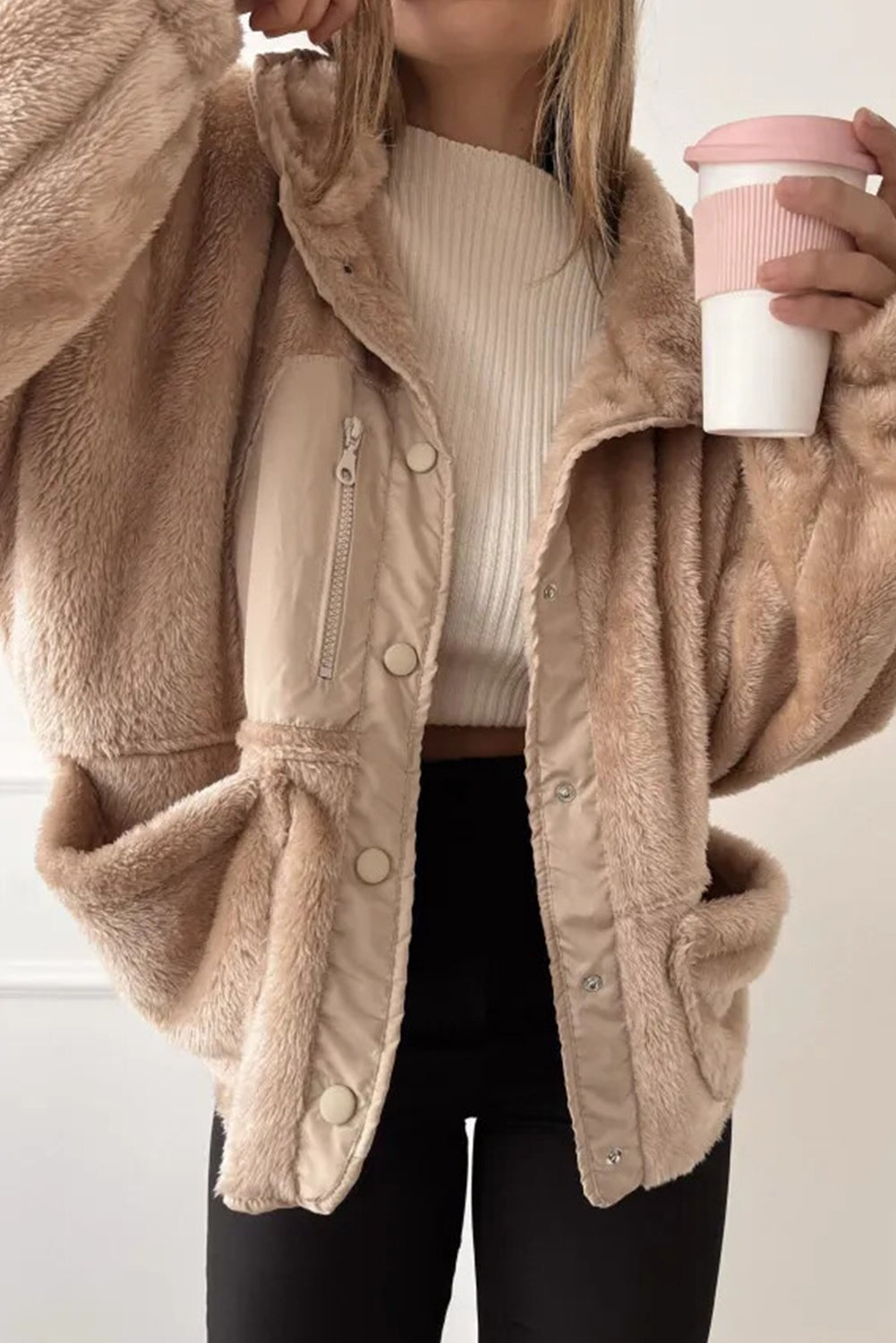 Smoke Gray Plush Color Block Patchwork Snap Button Pocketed Winter Jacket