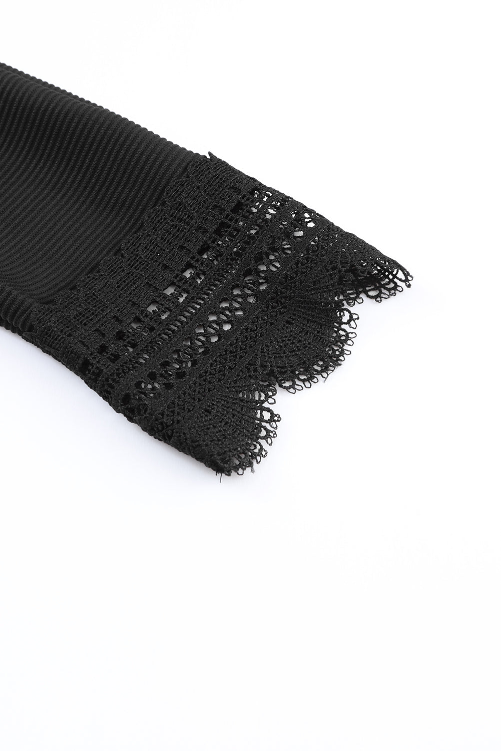 Elegant Black V Neck Lace Trim Ribbed Top with Long Sleeves