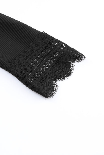 Elegant Black V Neck Lace Trim Ribbed Top with Long Sleeves