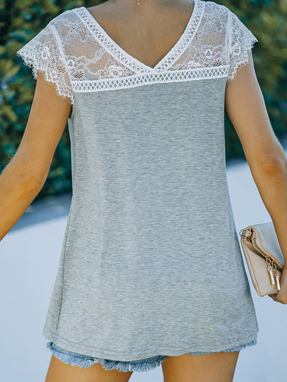 Gray Knit Lace Detail Cap Sleeve Top