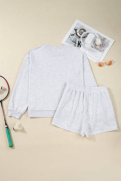Light Grey Girly Bow Embroidered Puff Sleeve Pullover Loose Shorts Plus 2pcs Outfit