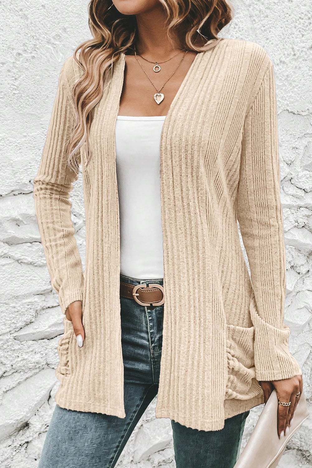 Beige Ribbed Open Front Knitted Top with Pockets