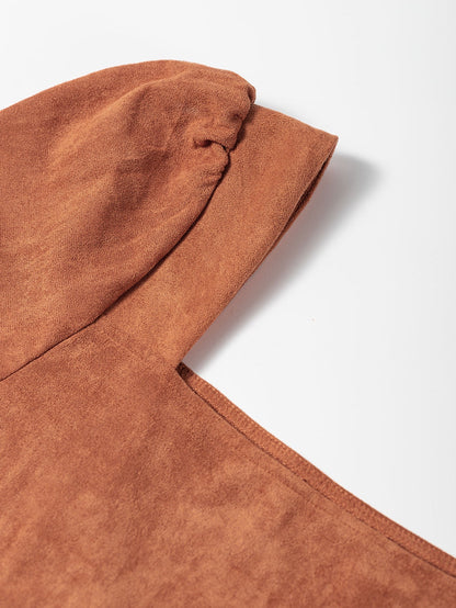 Chestnut Plus Size Suede Square Neck Balloon Sleeve Dress