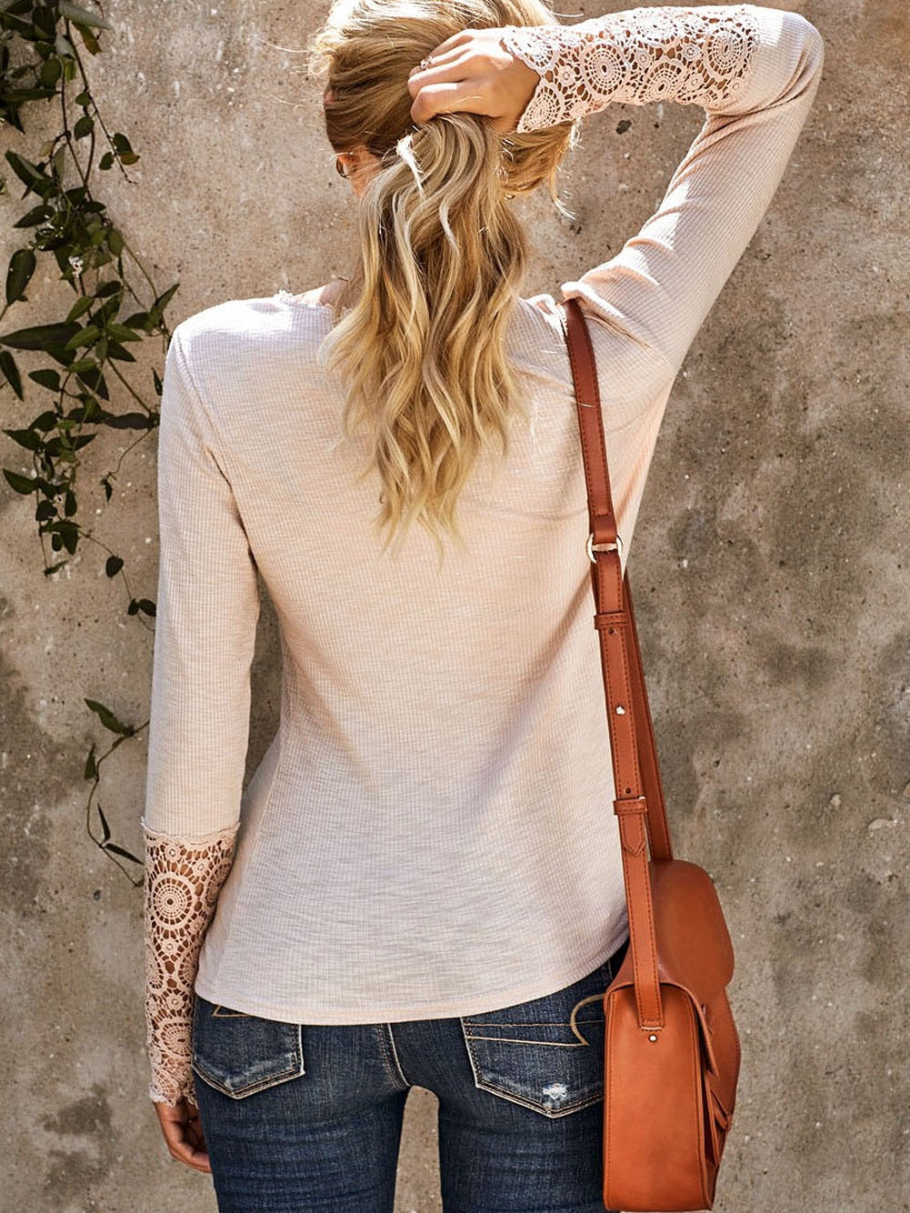 Beige Crochet Lace Sleeve Button Detail Top