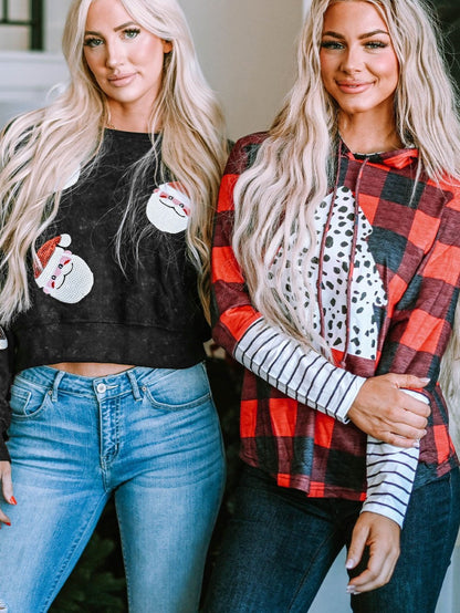 Festive Red Plaid Leopard Christmas Tree Hoodie with Fiery Accents