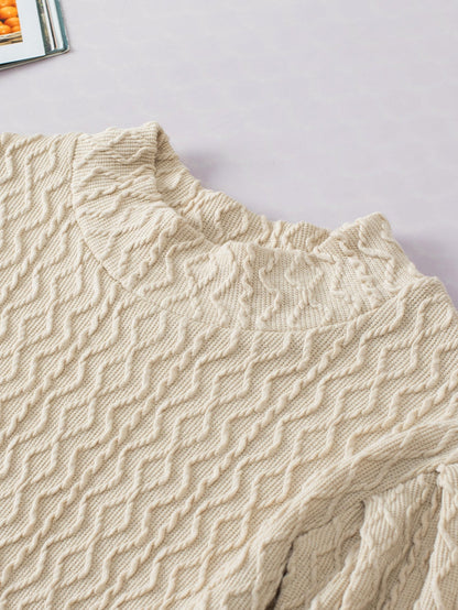 Apricot Textured Vintage Mock Neck Top with Puff Sleeves