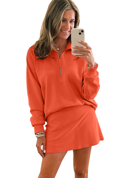 Orange Half Zip Sporty Pullover Mini Skirt 2pcs Outfit