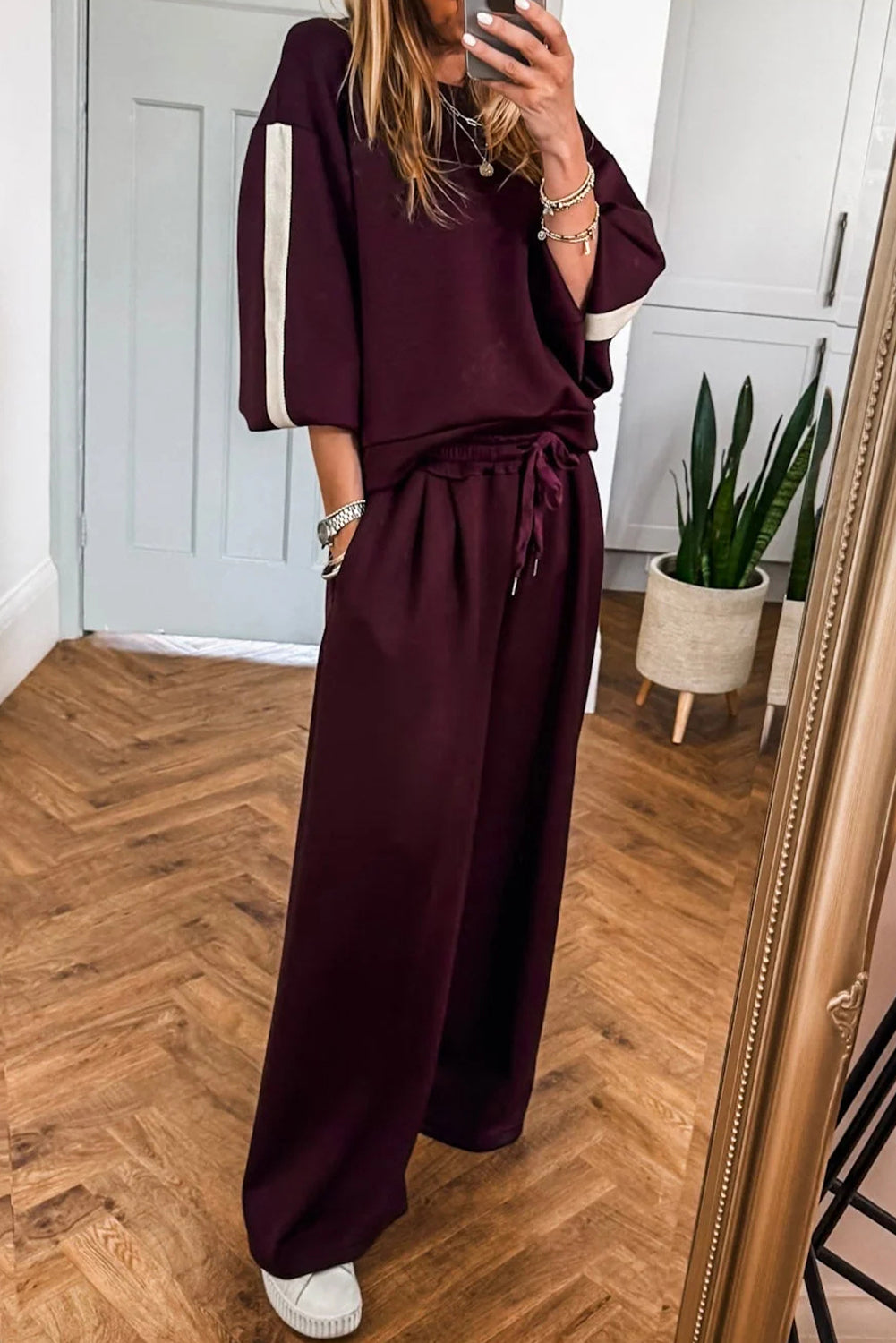 Burgundy Varsity Striped 3/4 Sleeve Pullover Drawstring Sweatpants Set