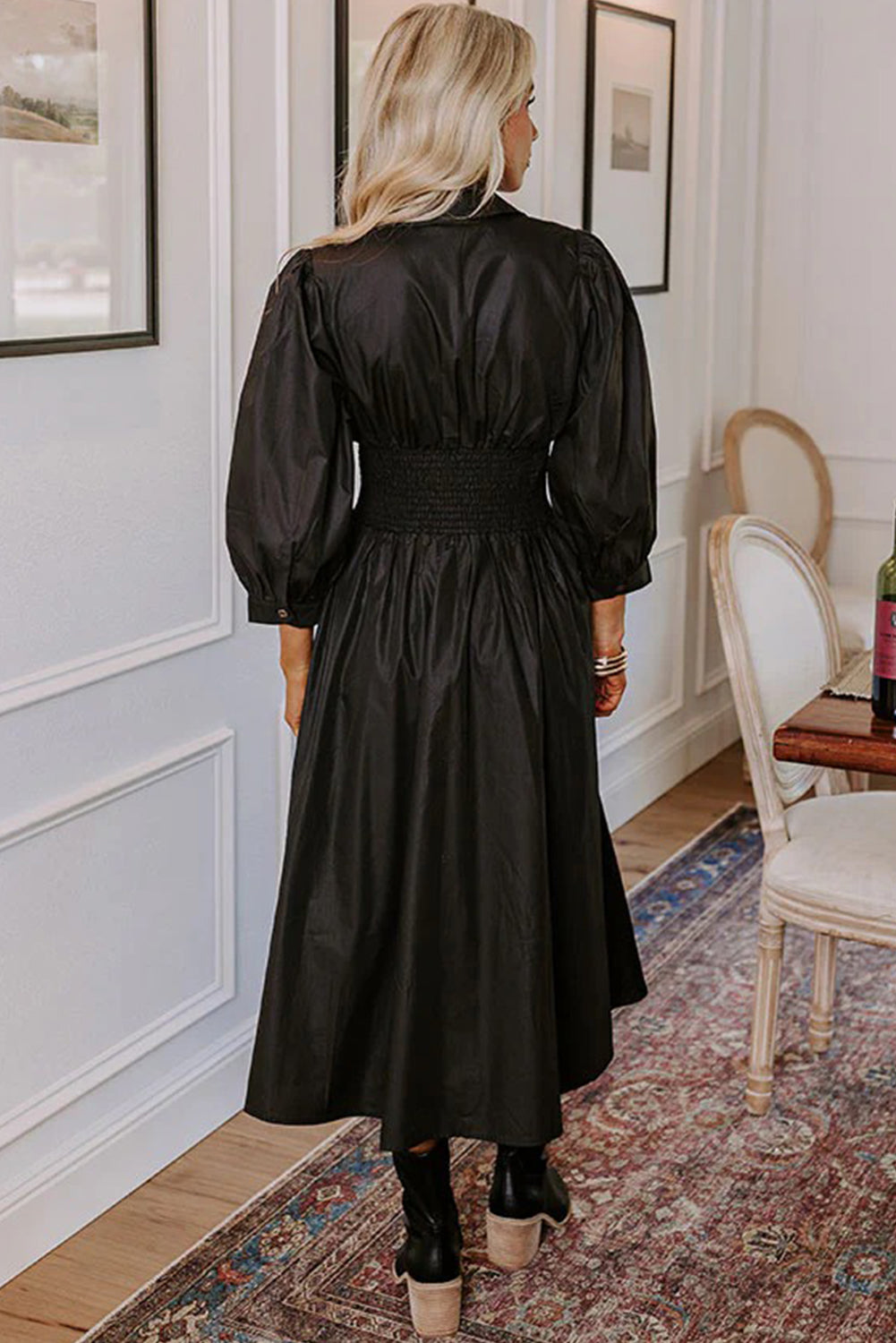 Black Smocked Waist Zipped Front Bracelet Sleeve Fit Flare Midi Dress