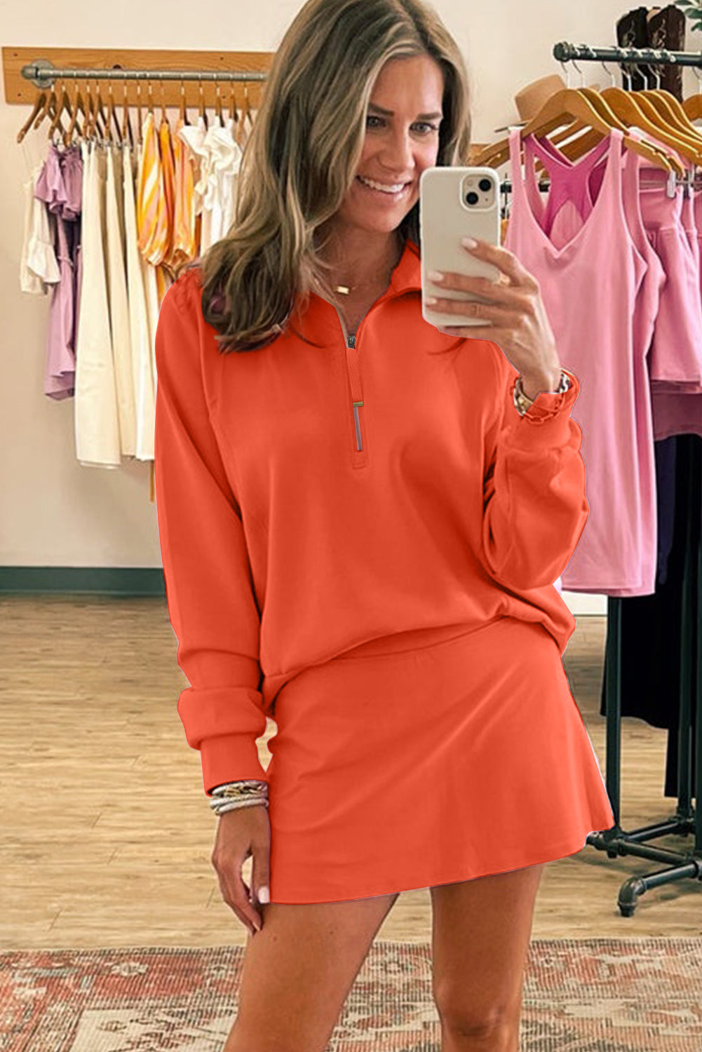 Orange Half Zip Sporty Pullover Mini Skirt 2pcs Outfit