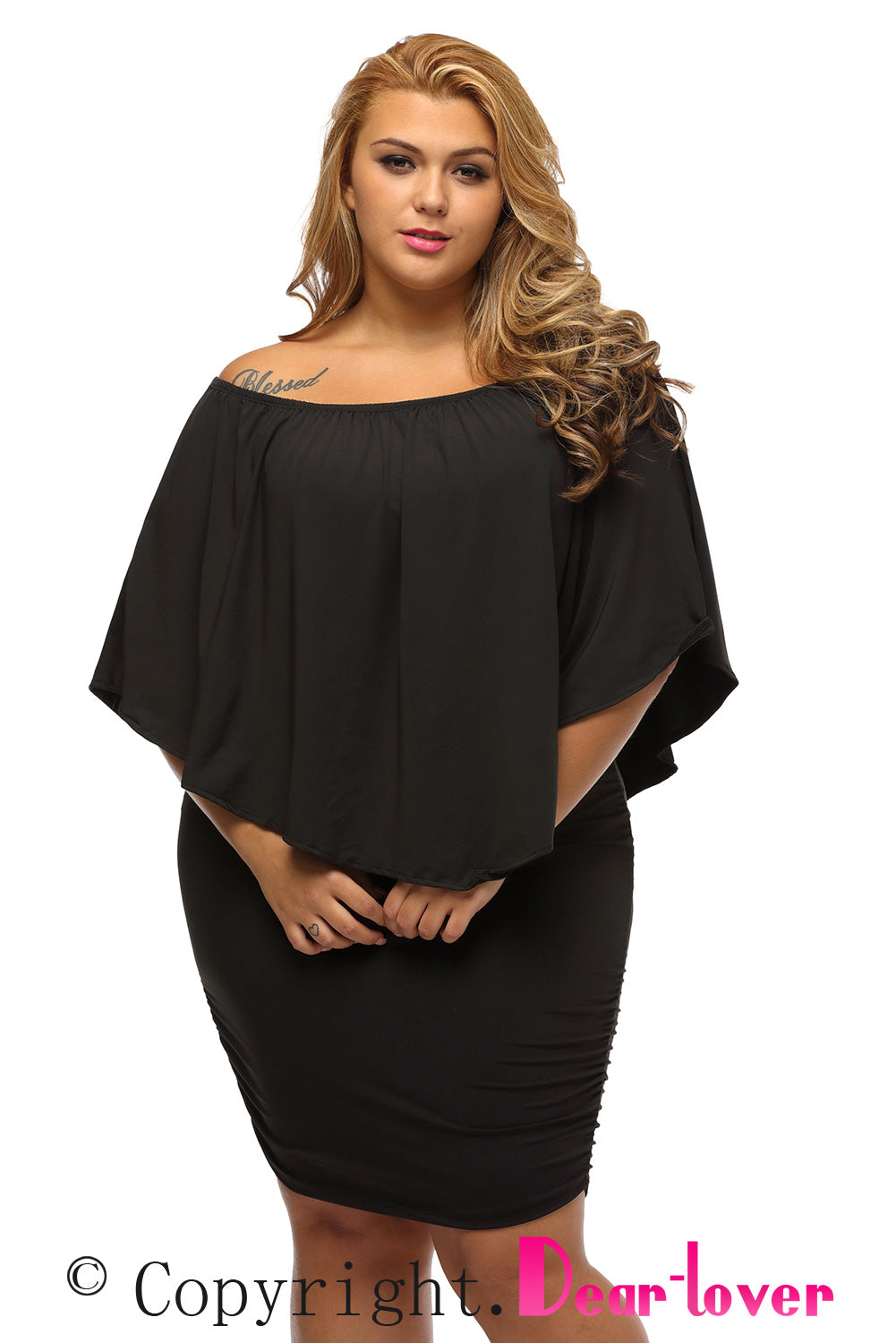 Elegant Black Layered Poncho Mini Dress for Plus Size Women