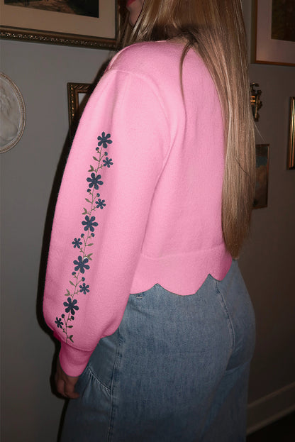 Pink Floral Embroidered Scallop Hem Cropped Sweater