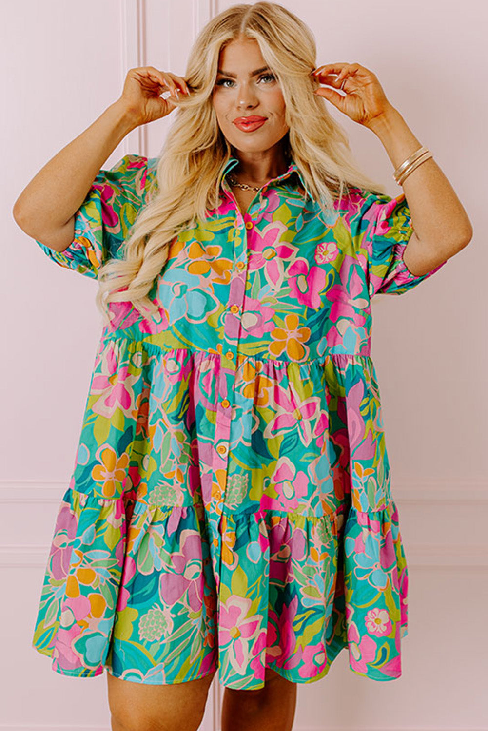 Green Floral Print Tiered Shirt Dress with Puff Sleeves
