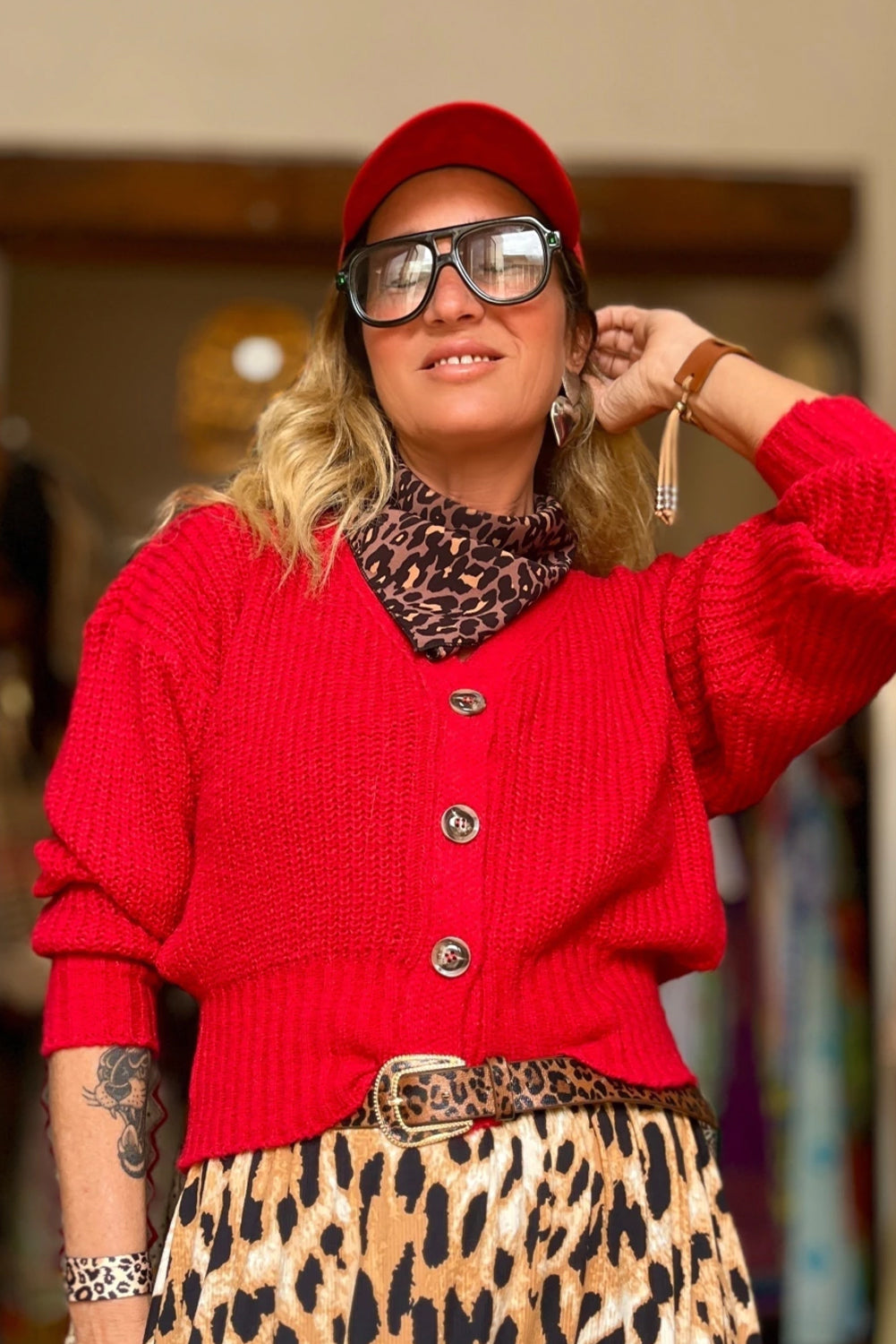 Fiery Red Button V Neck Fitted Hem Contrast Sweater Cardigan