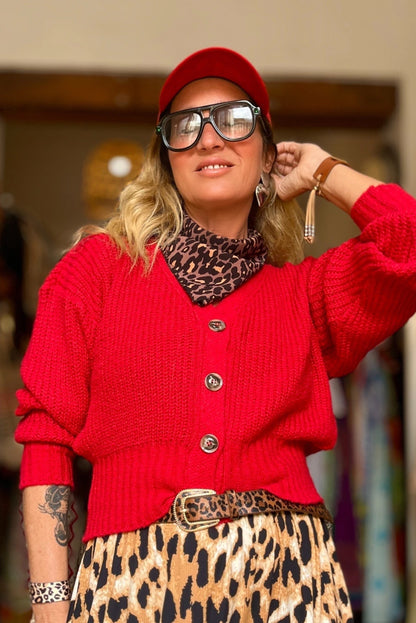 Fiery Red Button V Neck Fitted Hem Contrast Sweater Cardigan