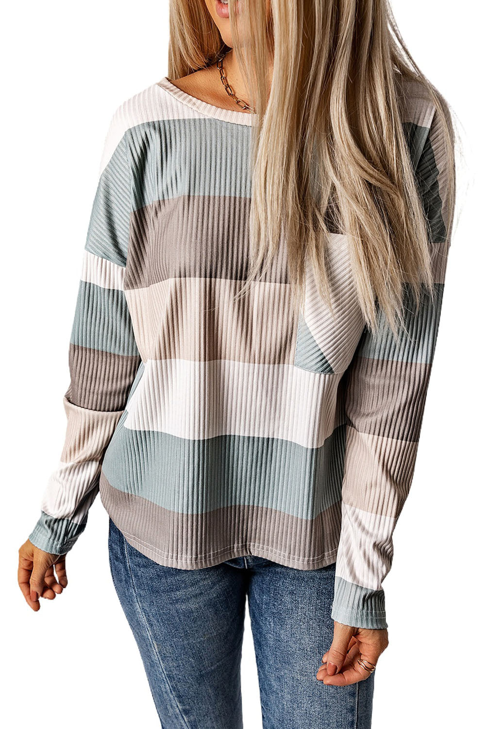 Green Striped Ribbed Long Sleeve Top with Chest Pocket