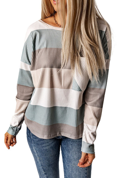 Green Striped Ribbed Long Sleeve Top with Chest Pocket
