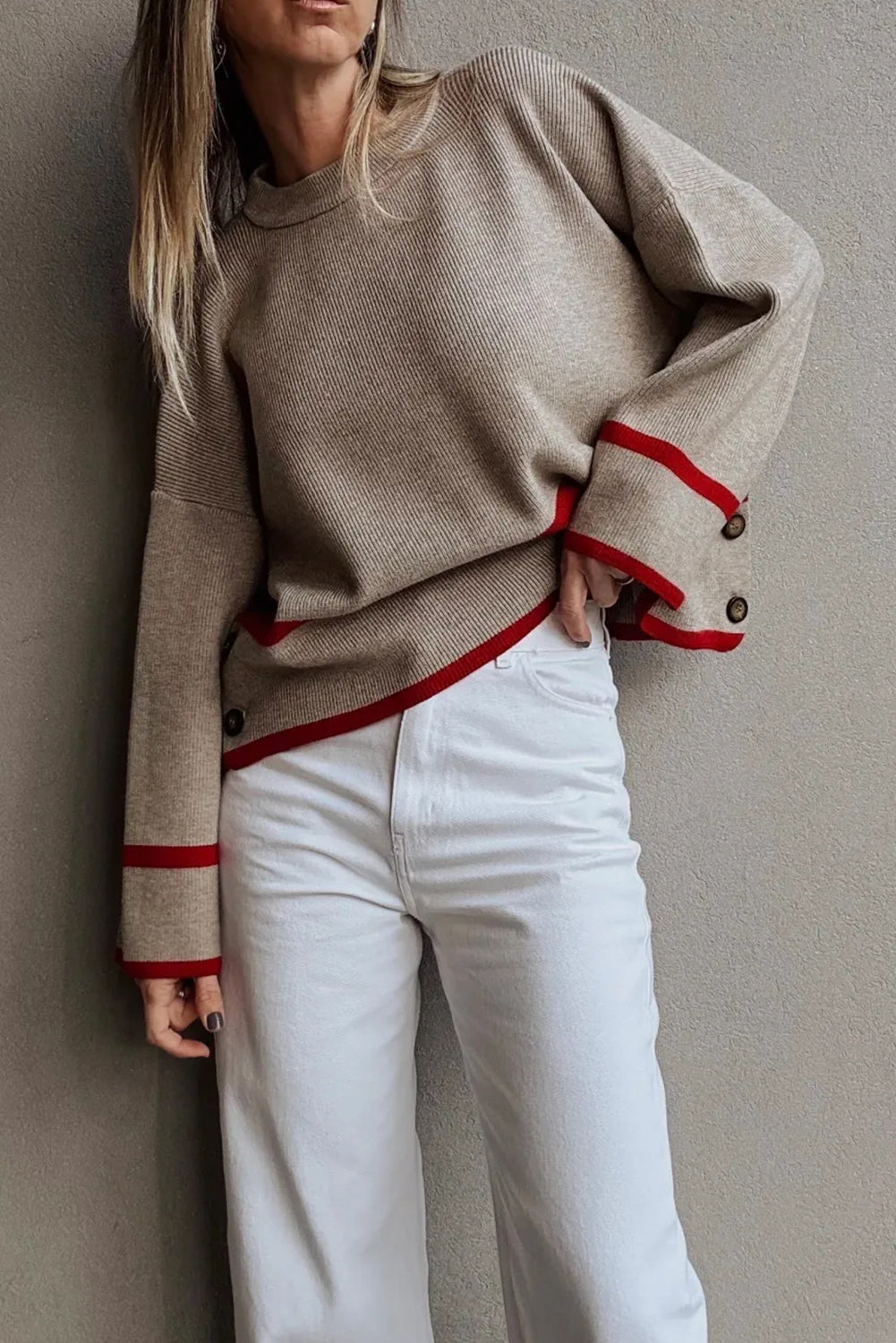 Simply Taupe Ribbed Knit Contrasted Stripe Detail Button Side Loose Sweater