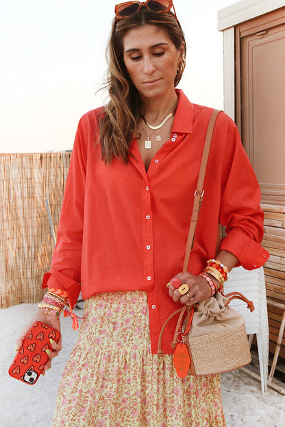Tomato Red Button Cuffs Solid Color Shirt
