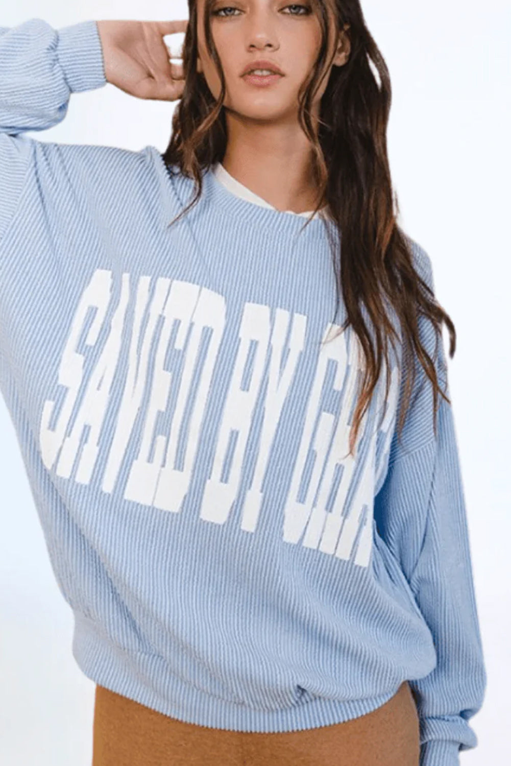 Beau Blue GOD IS LOVE/ SAVED BY GRACE Letter Print Twisted Ribbed Loose Top