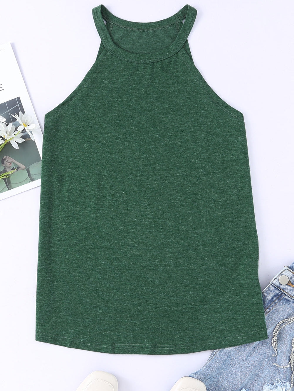 Green Sleeveless Solid Color Round Neck Tank Top