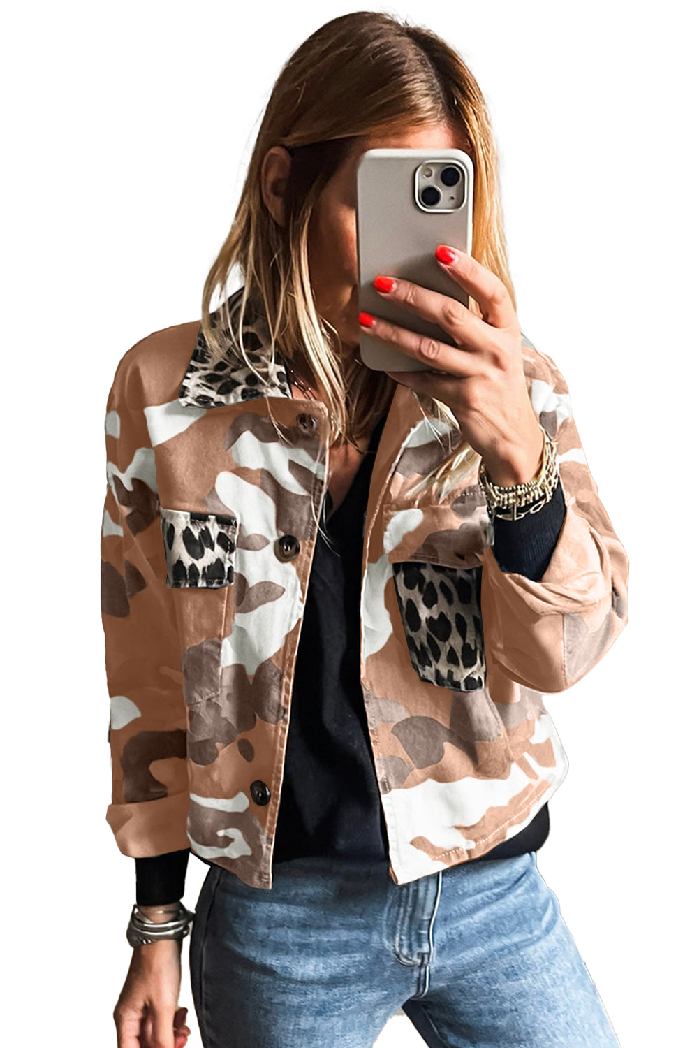 Orange Camo Leopard Patchwork Flap Pocket Crop Jacket