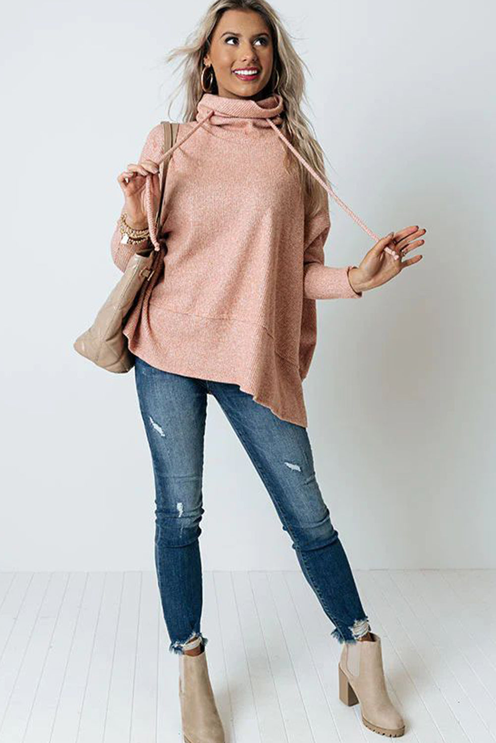 Apricot Pink Textured Knit Drawstring Cowl Neck Oversize Top with Side Slits