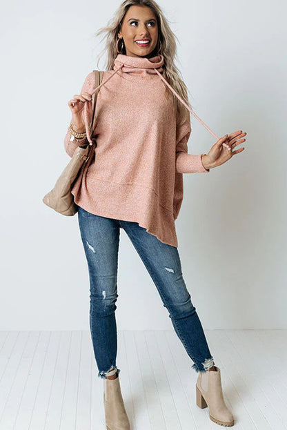 Apricot Pink Textured Knit Drawstring Cowl Neck Oversize Top with Side Slits