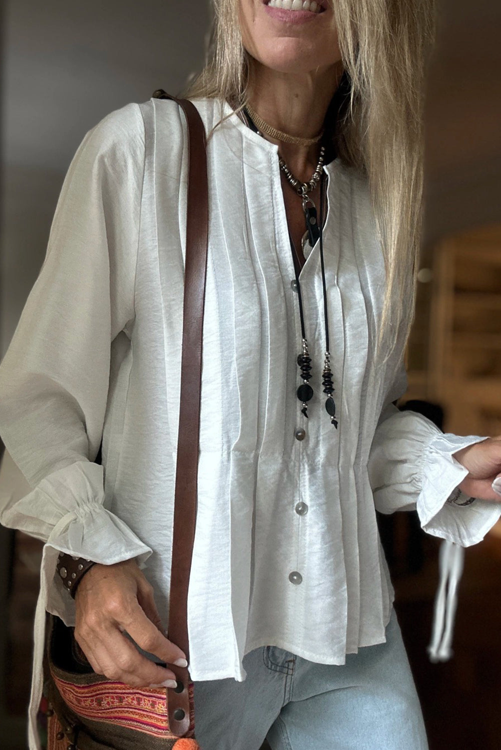 White Pintuck Buttoned Front Decor Ruffled Sleeve Loose Blouse