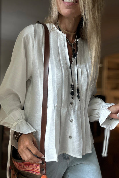 White Pintuck Buttoned Front Decor Ruffled Sleeve Loose Blouse