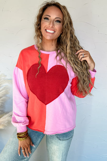 Fiery Red Big Heart Patched Color Block Patchwork Drop Shoulder Long Sleeve Top