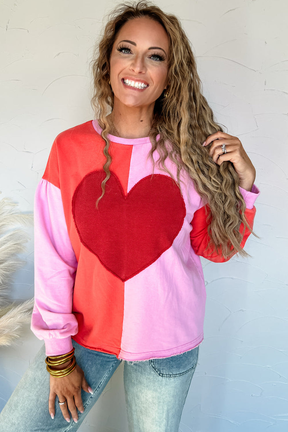 Fiery Red Big Heart Patched Color Block Patchwork Drop Shoulder Long Sleeve Top
