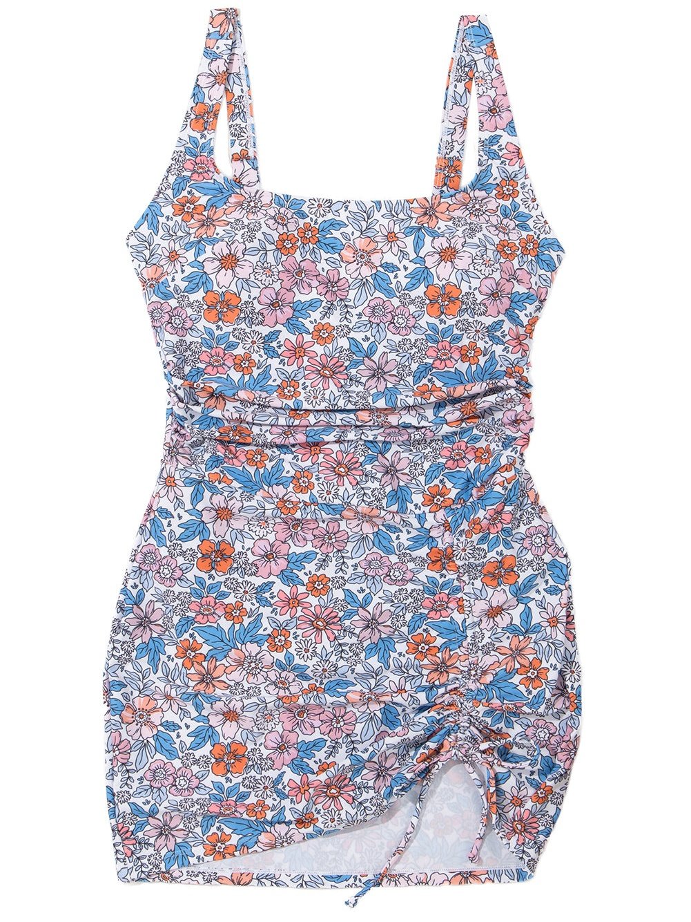 Elegant Pink Floral Drawstring Ruched Beach Swim Dress