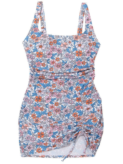 Elegant Pink Floral Drawstring Ruched Beach Swim Dress